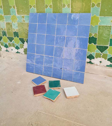 Handmade blue and cornflower zellige tile panel, featuring 36 square tiles in a vibrant 12x12 inch mosaic design.