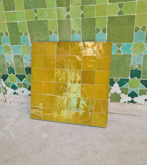 Picture of Mustard Yellow Terracotta Zellije "36 50 x 50mm Tiles" 14" x 14" Pannel, Handmade Bathroom Kitchen Tiles Straight Edge Ceramic Singular Tile
