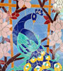 Close-up of a vibrant handmade peacock mosaic wall art, showcasing intricate ceramic tiles in a stunning display of color.