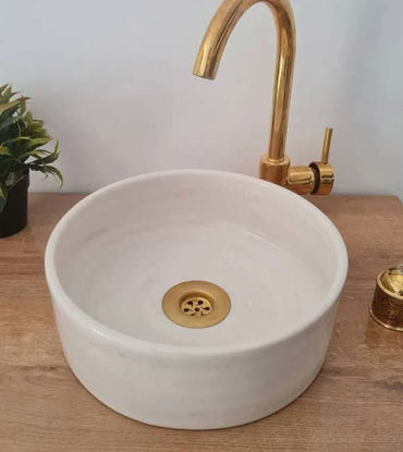 Picture of OFF White Bathroom Wash Basin - Bathroom Vessel Sink - Countertop Basin - Mid Century Modern Bowl Sink Lavatory - Solid Brass Drain Cap