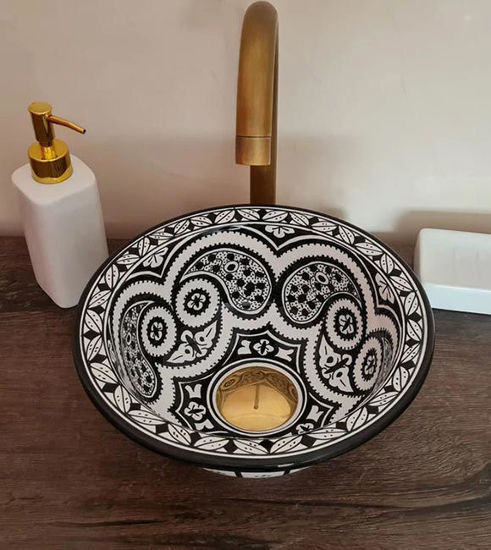 Picture of Ø 25 cm Small Ceramic Bathroom Wash Basin - Bathroom Vessel Sink - Countertop Basin - Mediterranean Design - Solid Brass Drain Cap Gift