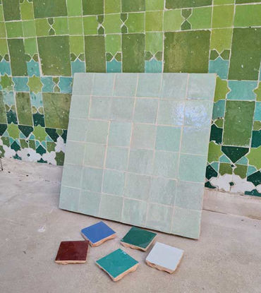 Picture of Tea & Sage Green Terracotta Zellije "36 50 x 50mm Tiles", 14" x 14" Pannel - Handmade Bathroom Kitchen Tiles Straight Edge Ceramic Tile