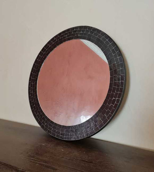 Picture of Custom Black Zellige Tiles Round Bathroom Mirror - Handmade Mosaic Wall Mirror