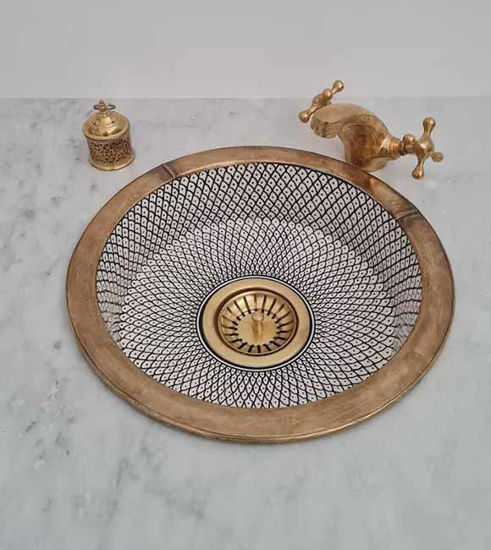 Picture of Wet Bar Sink - Handpainted Ceramic Sink With Brushed Brass Rim - Mid Century Modern Farmhouse Kitchen Decor Kitchen Sink - Antique Decor