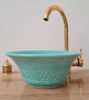 Picture of Handmade Turquoise Moroccan Bathroom Sink – Ceramic Vessel Basin for Countertop | Mid-Century Modern Bowl with Solid Brass Drain Cap