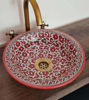 Picture of Red Bohemian Bathroom Sink – Handmade Ceramic Washbasin – Mid Century Modern Vessel Sink – Flower Design Countertop Basin