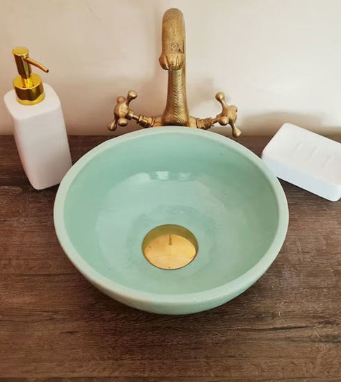 Picture of Plain Green Table Top Sink – Mid-Century Modern Handmade Ceramic Washbasin with Solid Brass Drain Cap