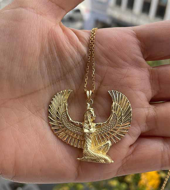 Jeenalavie Gold Winged Isis Necklace Handcrafted Ancient Egyptian Pendant For Men And Women 5404