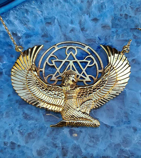Picture of Premium Medium 24ct Gold Dipped Isis Goddess Necklace with Metatron, Isis Necklace, Metatron Pendant, Egyptian Necklace, Spiritual Jewelry