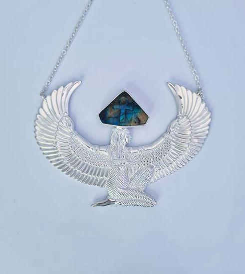 Picture of Premium Large Silver Isis Goddess Necklace with Labradorite and Hand-Carved Ankh—Egyptian Jewelry