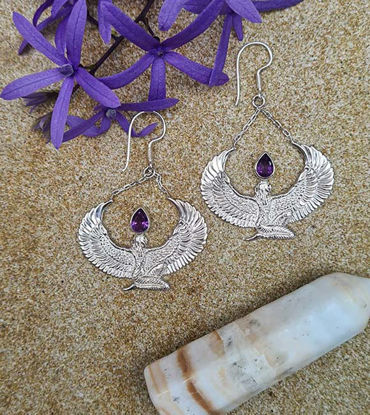Picture of Amethyst Silver Isis Goddess Earrings , Egyptian Goddess Artifact, Isis Priestess Earrings, Egyptian Jewelry, Auset Maat Earrings,