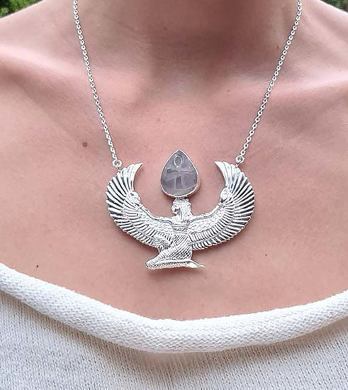 Picture of Premium Medium Pure Silver Dipped Isis Goddess Necklace with Rose Quartz ,Silver Egyptian, Spiritual Jewelry, Egyptian Goddess Necklace