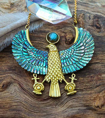 Picture of Horus Necklace with Abalone Wings – Egyptian God Pendant, Labradorite or Moonstone, Pink Pearl, & Ancient Egyptian Jewelry