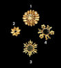 Four gold sun-shaped mirrors displayed against a black background, showcasing intricate designs and vintage elegance.