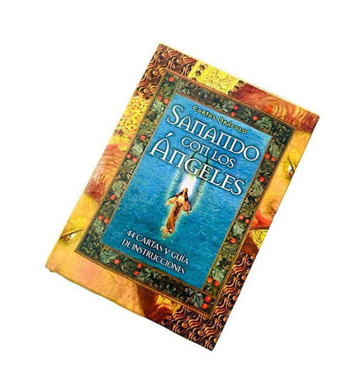 A tarot deck titled "The Book of Santino de Los Angeles" featuring the Healing with the Angels Oracle Cards in Spanish edition.
