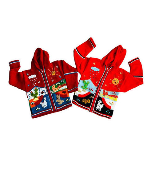 Two children's sweaters featuring distinct designs, showcasing vibrant colors and patterns inspired by traditional Peruvian artistry.