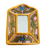 Artisan-crafted yellow mirror with floral motifs, 4-inch wood frame, and gold leaf finish, embodying Colonial Cuzco style.