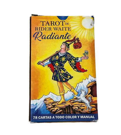Radiant Rider-Waite Tarot Deck in Spanish, featuring 78 colorful cards and a guidebook for intuitive divination and personal growth.