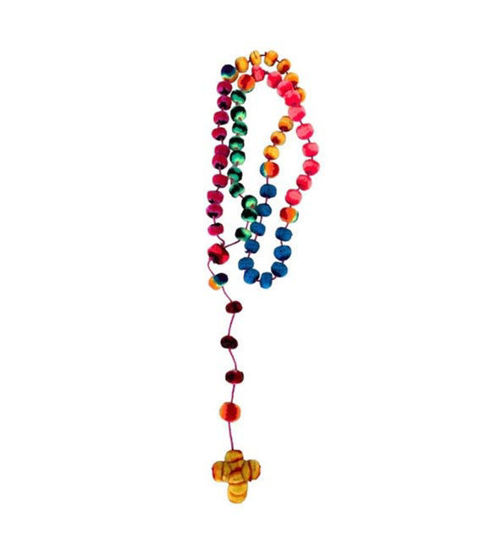 Handmade rosary featuring colorful pom-poms and a cross, made from Peruvian fabric, highlighting Inca-inspired designs.