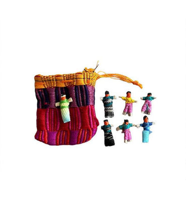 A small cloth bag containing six handmade Guatemalan worry dolls, each with unique designs and vibrant colors.