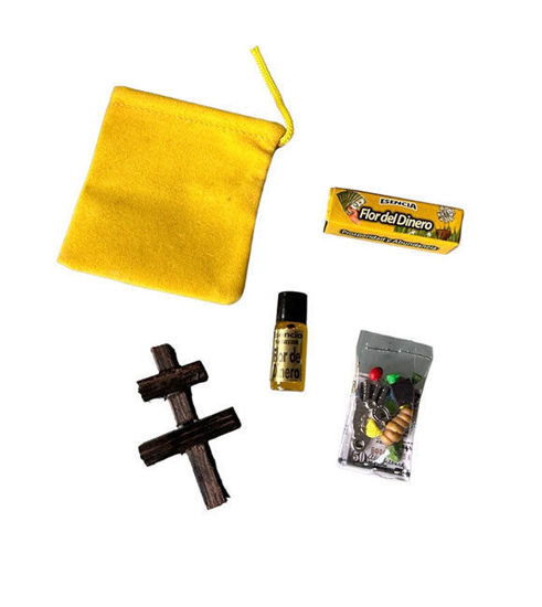Flor del Dinero ritual kit includes scented oil, cross-adorned bag for financial intention practices.