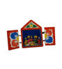 A compact wooden retablo featuring a colorful nativity scene of the Holy Family, handcrafted by Peruvian artisans.