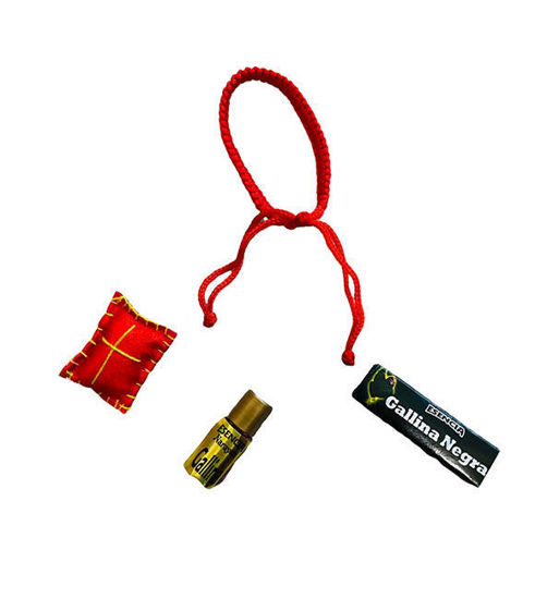 A red rope holds a small bag and bottle of Gallina Negra Spiritual Oil for cleansing and protection from negative energy.