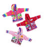 A display of colorful handmade baby sweaters, showcasing diverse Arpillera designs, crafted from soft, insulating alpaca fiber.