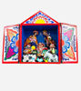 Handmade wooden retablo box showcasing a colorful Nativity Scene with the Holy Family, crafted by Peruvian artisans.