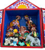 Colorful wooden box featuring a hand-painted Nativity Scene, showcasing the Holy Family in a unique Peruvian retablo design.