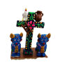 Decorative clay cross with two blue cows, handcrafted as a symbol of protection and prosperity in Peruvian culture.