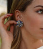 Picture of Bouquet clip earrings with little blue ceramic flowers, pearls and stones