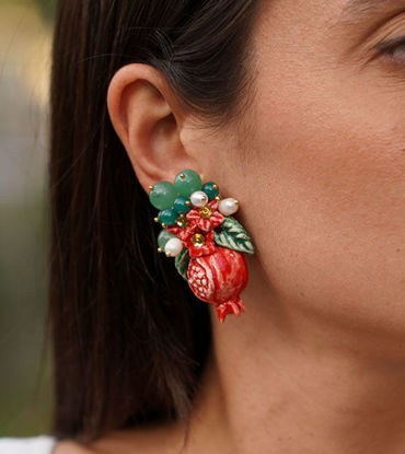 Picture of Clip earrings with pomegranate, pearls and stones
