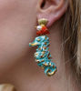 Picture of Dangling earrings with stud closure, with seahorse, coral, gold and pearls