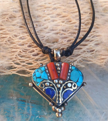 Picture of Healing Gemstones Handmade Turquoise Lapis Lazuli Coral Inlayed White Brass and Handwoven Wax Cord Necklace, Tribal Necklace