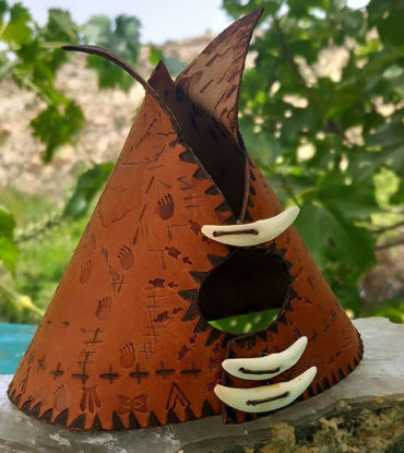 Picture of Teepee Coyote Tooth Leather Handcrafted Incense Burner⇻ Native American Style Incense Burner ⇻ Handcrafted One of kind Teepee Statue