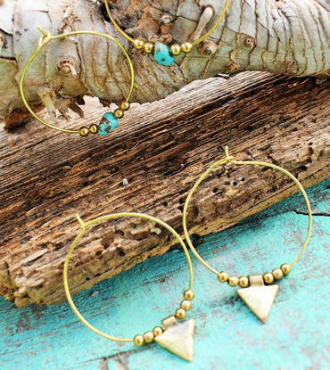 Picture of Two Pairs of Gold Stainless Steel Elegant Hoop Turquoise and Triangle Charm Earrings, Healing Earrings, Tribal Earrings, Wedding