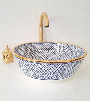 Picture of 14 Karat Gold & Blue Washbasin Ceramic Bathroom Vessel - CUSTOMIZABLE 14k Gold Rim Bathroom Sink - Guest's Room Vanity Vessel Sink