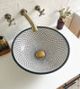 Picture of Handmade Black & White Moroccan Bathroom Vessel Sink – Mediterranean Style Countertop Basin with Brass Drain Cap