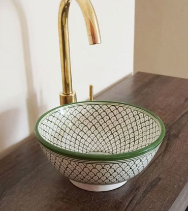 Picture of Mid Century Modern Bathroom Sink - Ceramic Washbasin - Green & white basin sink - Handmade Ceramic Sink - Vanity Sink - Countertop Basin