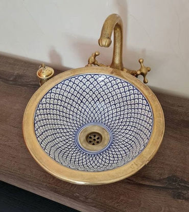 Picture of Handcrafted Farmhouse London Basin - Mid-Century Modern Vanity Sink - Brushed Solid Brass Rimed - Fish Scales Minimalist Design Sink + Gift