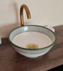 Picture of Minimalist White Ceramic Bathroom Sink – Moroccan Fish Scales Round Vanity Basin with Solid Brass Drain