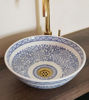 Picture of Brown & White Moroccan Bathroom Sink – Ceramic Vessel Wash Basin – Mediterranean Countertop Vanity Bowl with Solid Brass Drain (8”–20”)