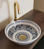 Picture of Brown & White Moroccan Bathroom Sink – Ceramic Vessel Wash Basin – Mediterranean Countertop Vanity Bowl with Solid Brass Drain (8”–20”)