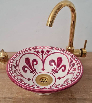 Picture of Wine Red Bathroom Wash Basin - Bathroom Vessel Sink - Countertop Basin - Mediterranean Bowl Sink Lavatory - Solid Brass Drain Cap Gift