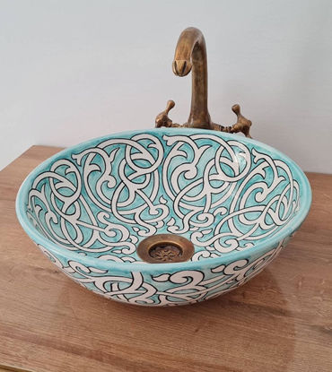 Picture of Turquoise Bathroom WashBasin - Bathroom Vessel Sink - Countertop Basin - Mediterranean Bowl Sink Lavatory - Solid Brass Drain Cap Gift
