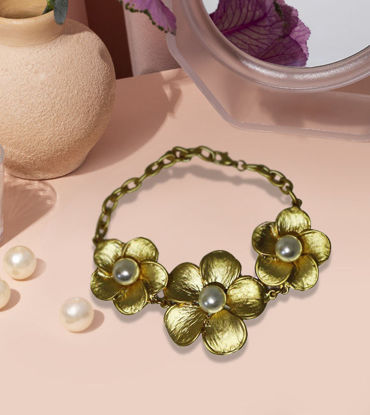 Picture of Vintage Gold Floral Bracelet with Pearls - Statement Jewelry