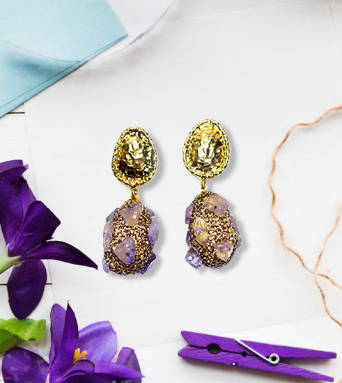 Picture of Gold Plated Amethyst Dangling Earrings | Lightweight Stone Drop Earrings