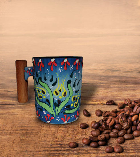 Picture of Multicolored Floral Turkish Ceramic Coffee Mug - Handcrafted Rosewood Handle