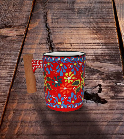 Picture of Floral Turkish Ceramic Coffee Mug - Multicolored Handcrafted Mug with Rosewood Handle